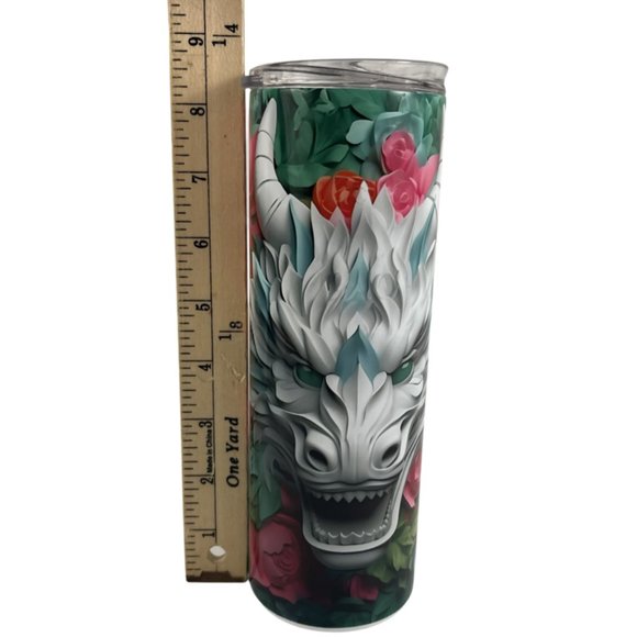 Skinny Tumbler 20oz 3D Dragon Colorful Paper Dragon and Flowers Stainless-Steel - Picture 7 of 10